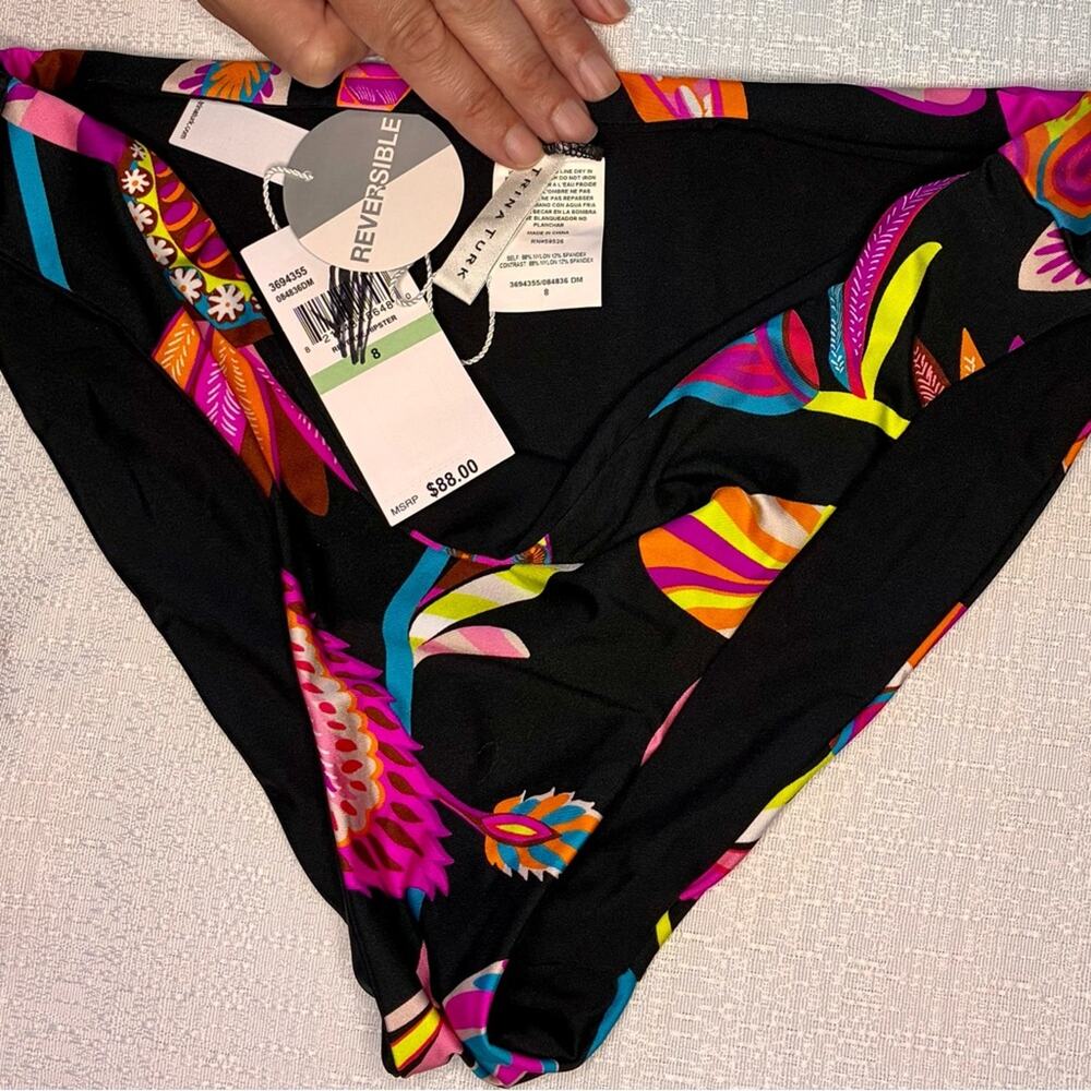 Trina Turk Black and Multicolor Floral Swim Bottom reversible size 8 - Picture 3 of 5